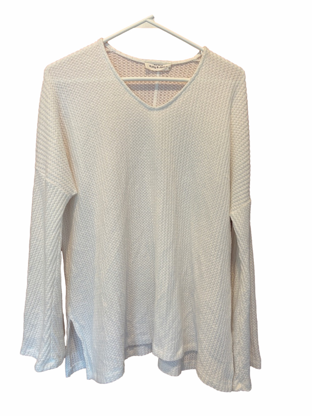 Ruby & Jenna Boho White Waffle Knit V-Neck Long Bell Sleeve Sweater Size Large
